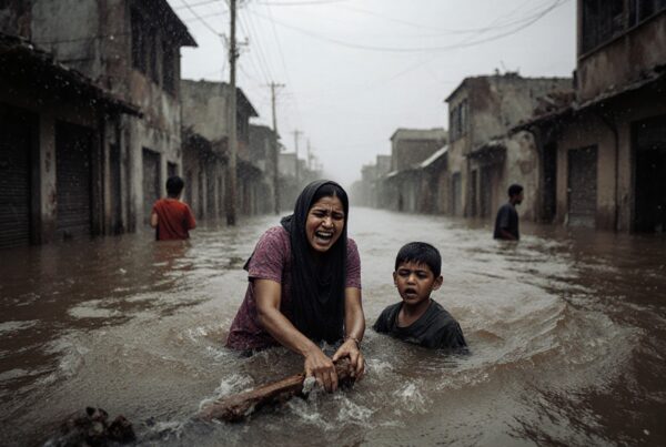 A worried woman and child navigate floodwaters on a devastated street.