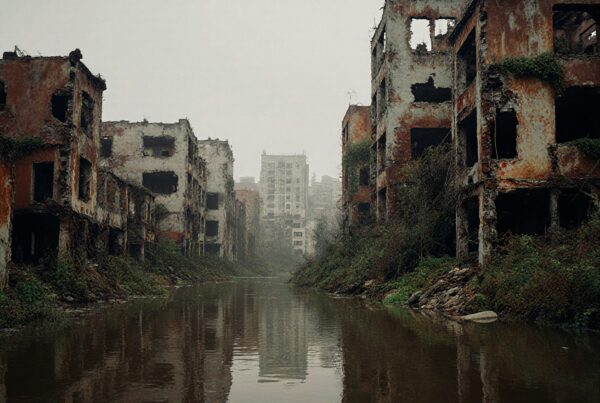 Abandoned buildings with reflective waterway, overgrown vines, and gloomy atmosphere.