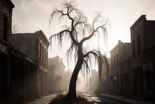 A solitary, gnarled tree stands in the center of an abandoned, fog-shrouded street, flanked by dilapidated buildings that exude an atmosphere of eerie desolation.