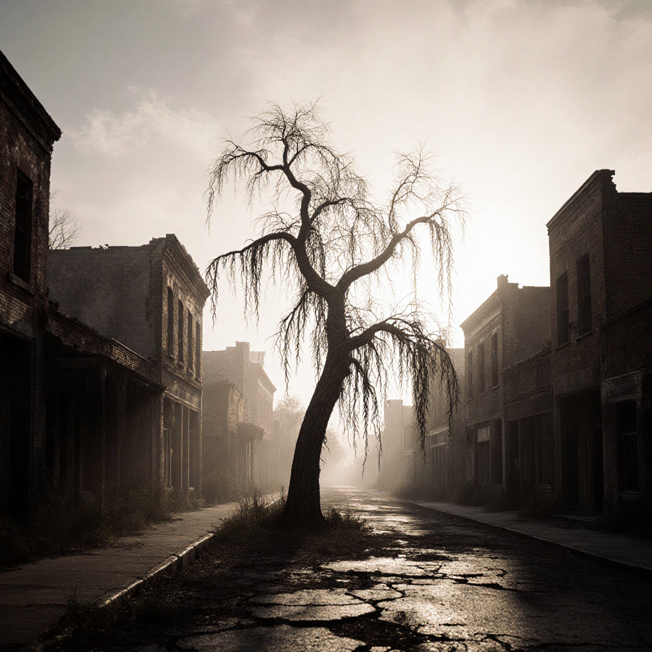 Desolate Abandoned Street with Tree