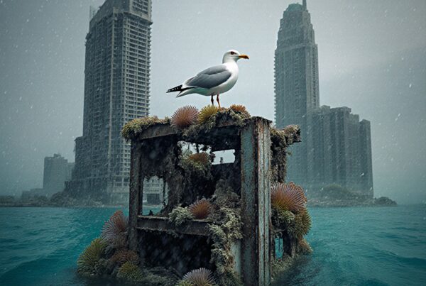 A seagull stands on an ocean-covered rusted structure with city ruins in the background.