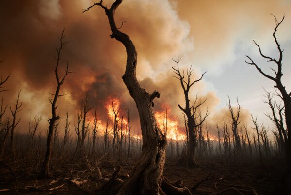 Dramatic scene showing a fiery forest fire with smoke and leafless trees.