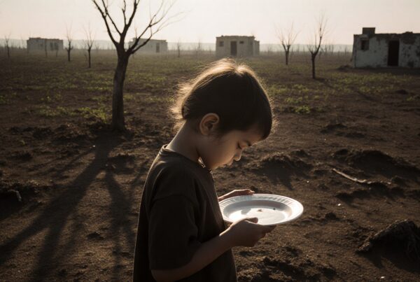 A young child holds an empty plate in a barren landscape with leafless trees and abandoned buildings.