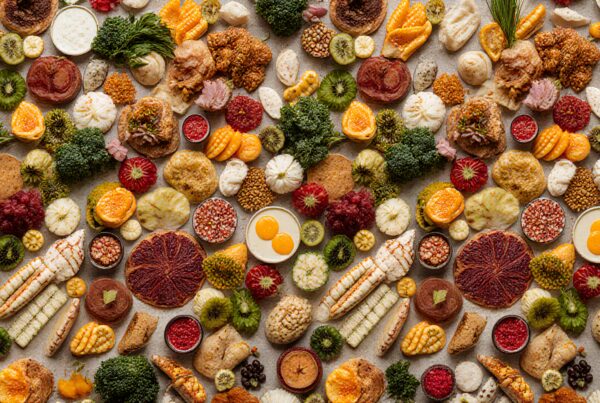 A colorful assortment of fruits and vegetables, artfully arranged with sauces and grains, evoking fresh organic living.