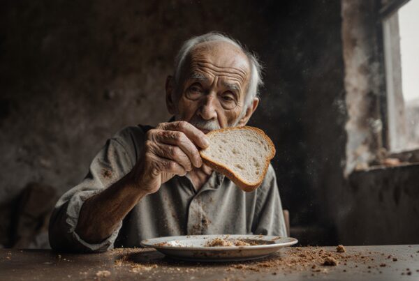Elderly man with bread in rustic setting.