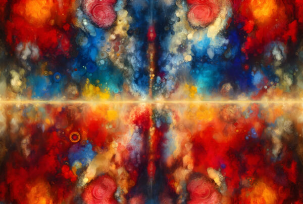 Symmetrical Rorschach Blaze: A Vivid Dance of Abstract Hues and Textures