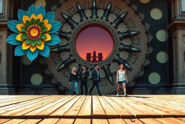 A mix of architecture and nature with people walking.