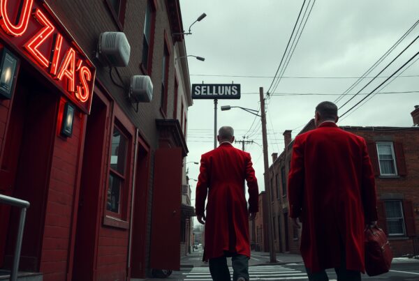 Two men in red coats walking along a city street with a neon sign and overcast sky in the background.