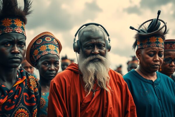 A bearded elder in vibrant attire wears headphones among a culturally diverse group under a cloudy sky.