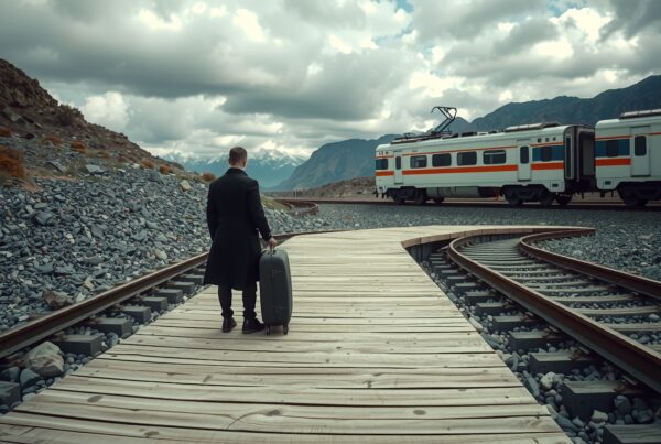 A man in a coat stands on a wooden platform with a suitcase, watching a distant train under an overcast sky, framed by rocky mountains.