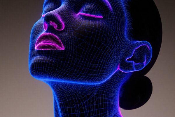Neon-lit digital wireframe overlay on a human face renders an ethereal and futuristic look.