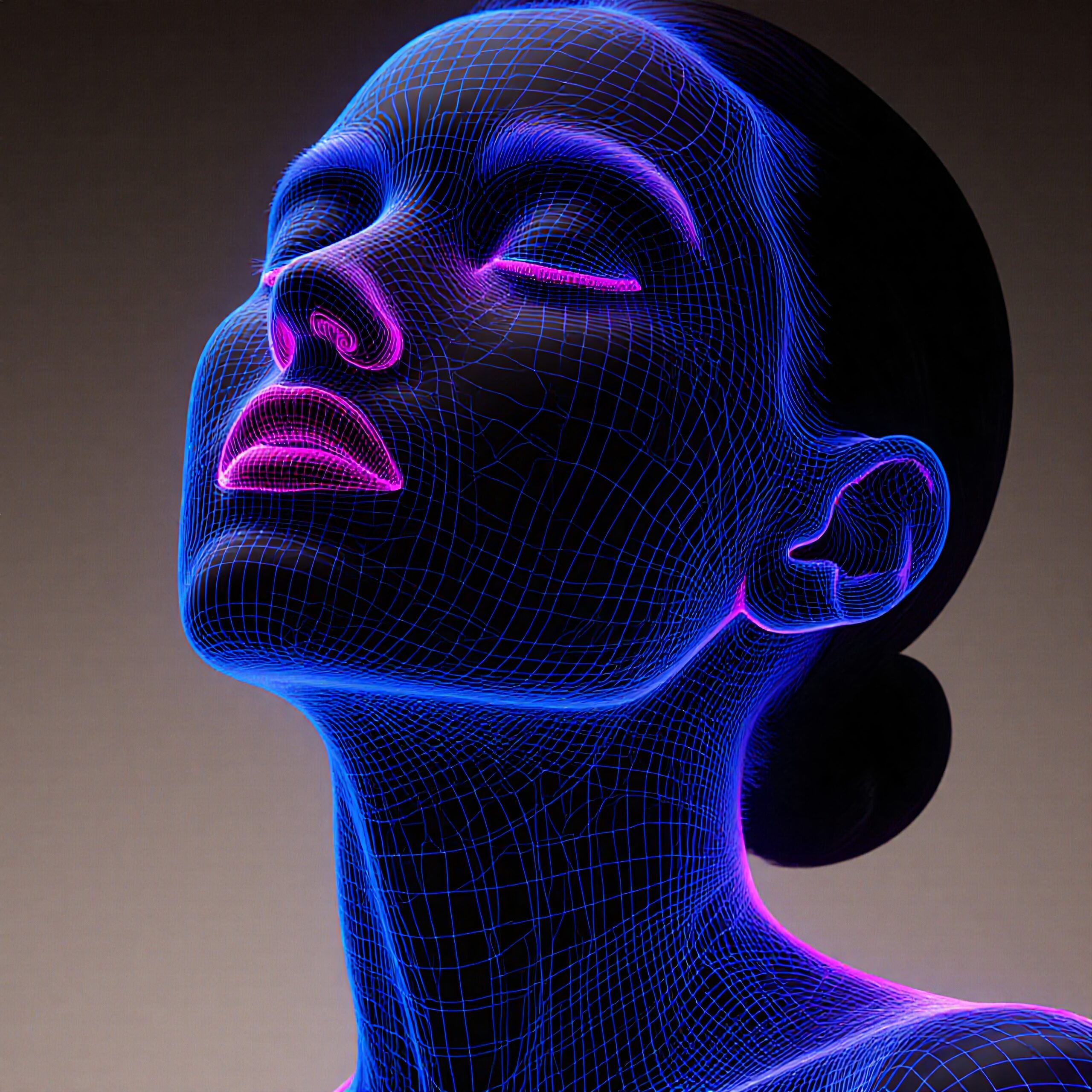 Neon Wireframe Over Human Face