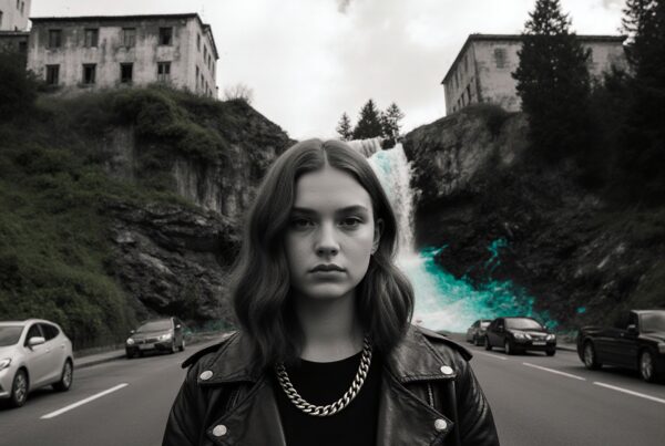 Young woman in leather jacket stands on urban road with waterfall in background.