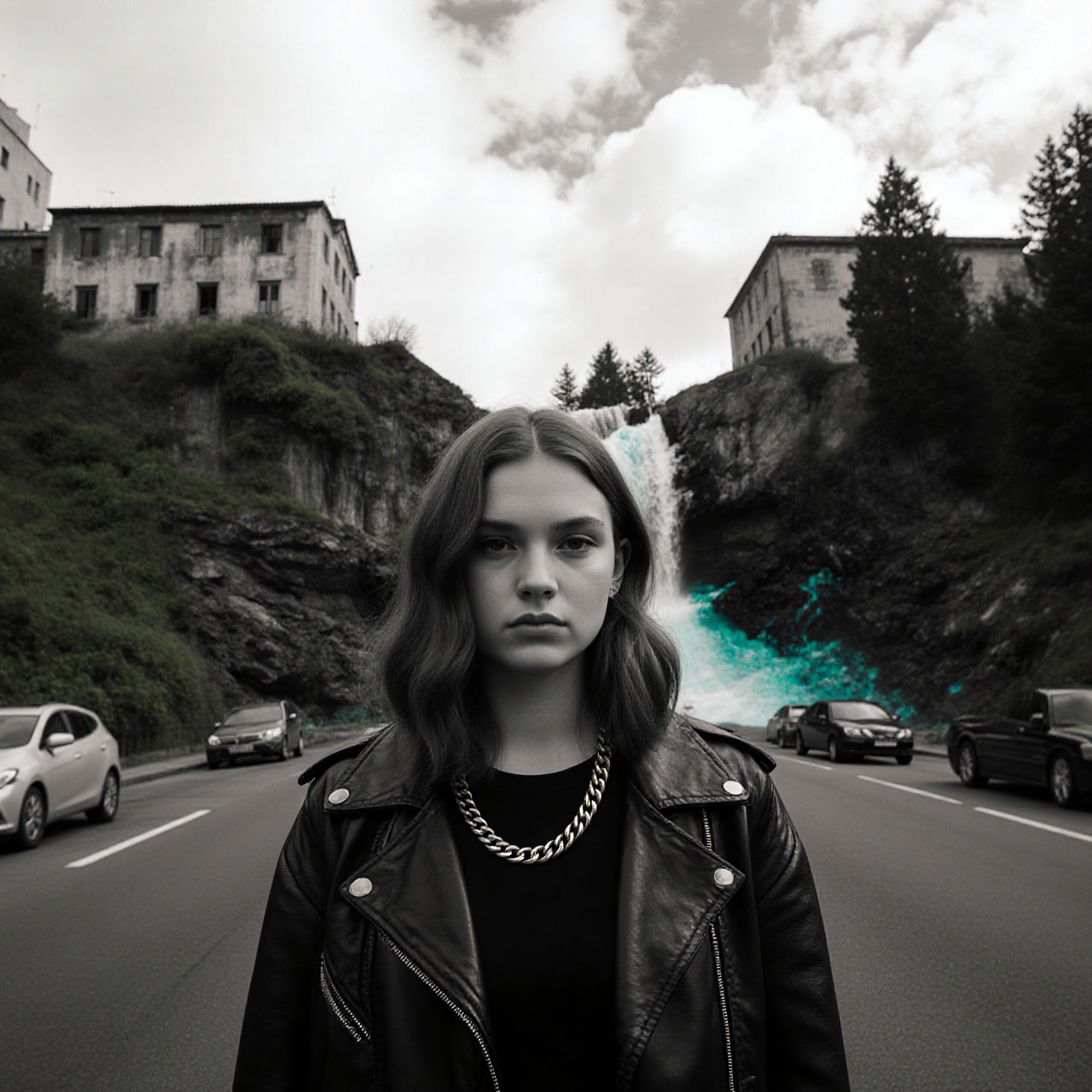 Urban Contrast Woman and Waterfall