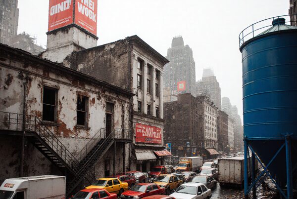 Urban cityscape with traffic and decaying architecture.