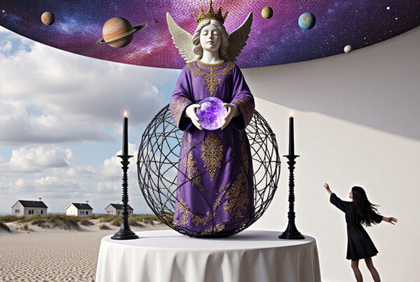 Angel statue with purple robe and orb, surrounded by cosmic sky, candles, woman reaching skyward, sandy landscape.
