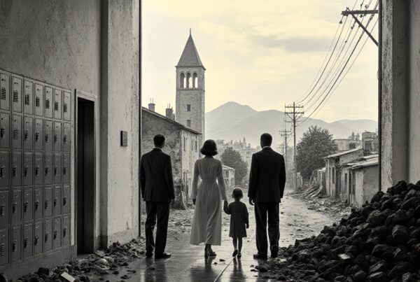 A family walks through a desolate town, framed by distant mountains and a bell tower, reflecting themes of departure and resilience.