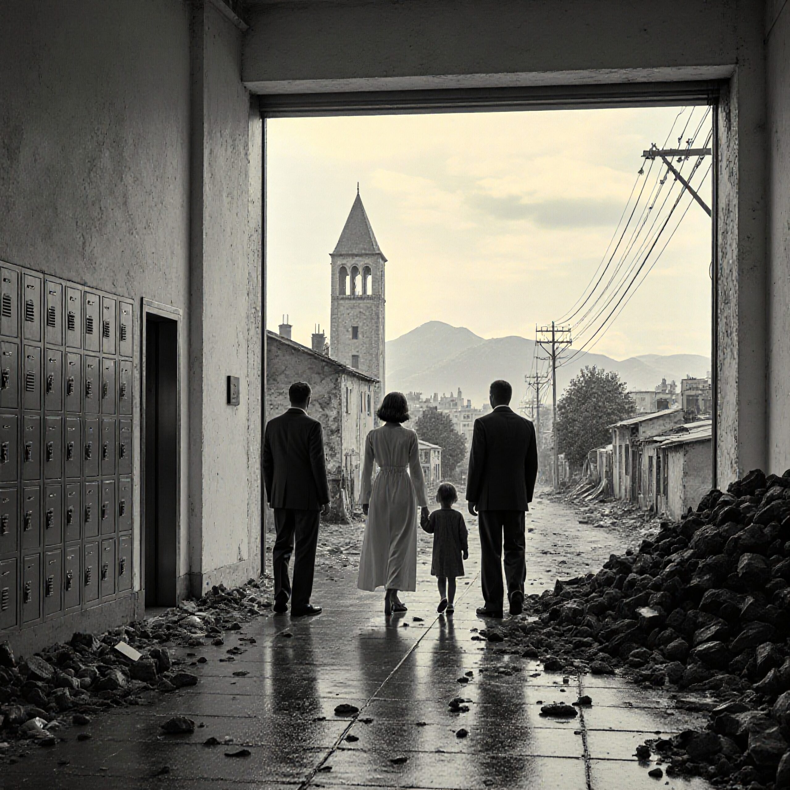 Family Walks Through Abandoned Town