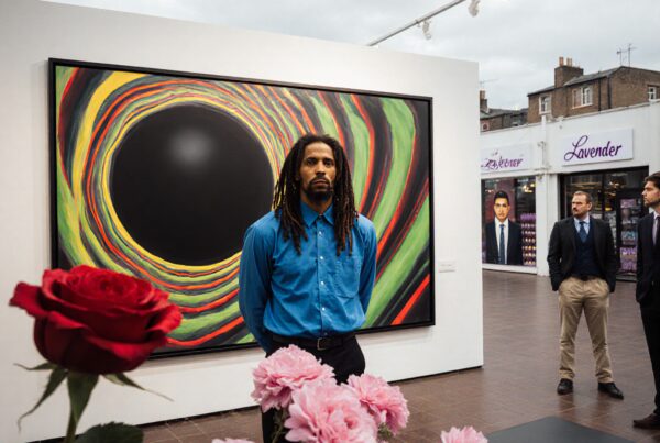 A man stands in an art gallery, in front of a vibrant painting with pink and red flowers in the foreground.