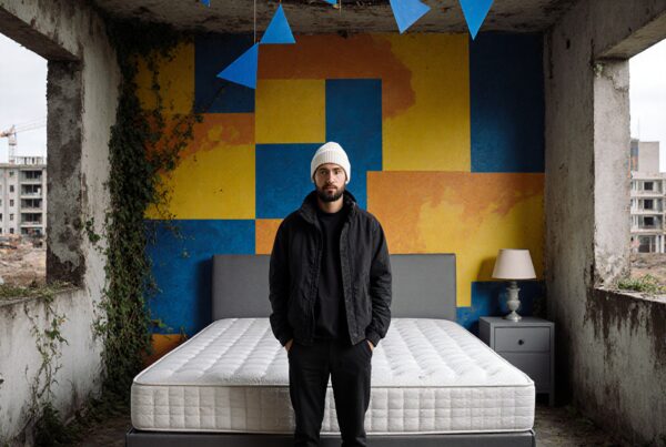 A man stands in an artistically abandoned room with colorful geometric shapes.