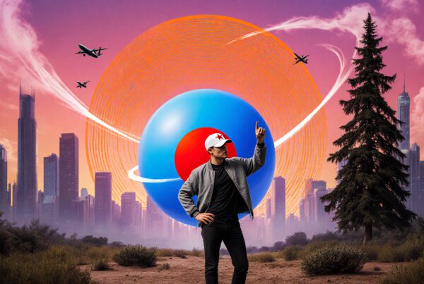 A man in a cap points upwards, standing in front of a massive sphere, surrounded by a vibrant and surreal cityscape.