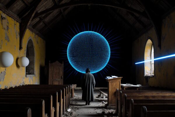A person stands in an abandoned church with a glowing blue sphere.