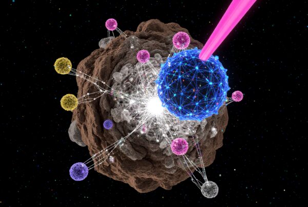 A cosmic asteroid with vibrant interconnected spheres and luminous strands in space.
