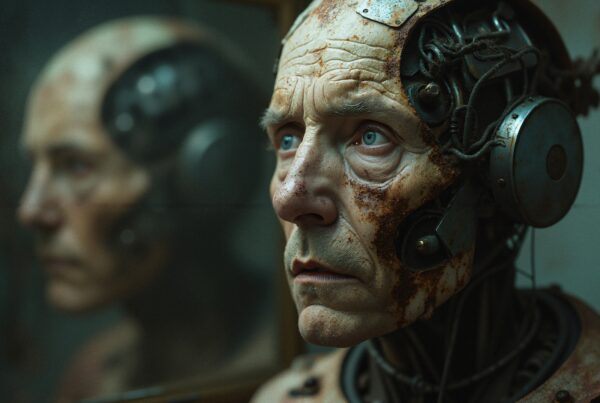 A humanoid figure with mechanical elements and a reflective gaze, showcasing intricate cybernetic details and aged, rusted components.