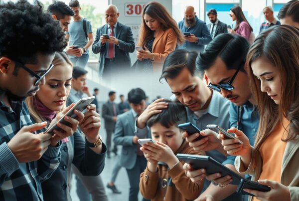 A group of diverse individuals focused on their smartphones and tablets, illustrating modern digital interaction in a public setting.