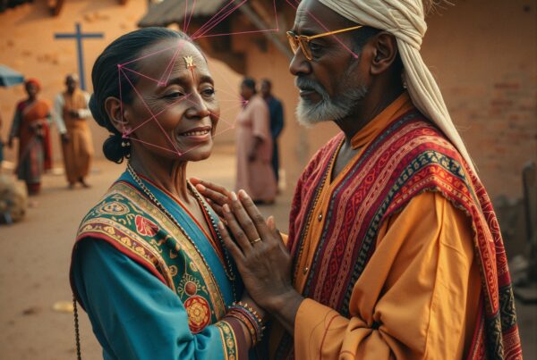 Elderly couple in vibrant traditional attire sharing a warm moment in a rural setting.