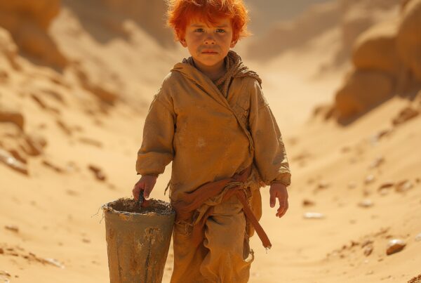 A young child with bright red hair carries a bucket in a sandy desert, symbolizing resilience and survival.