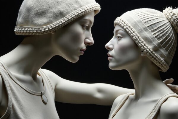 Artistic portrait of two mannequins in textured hats with a dark background.