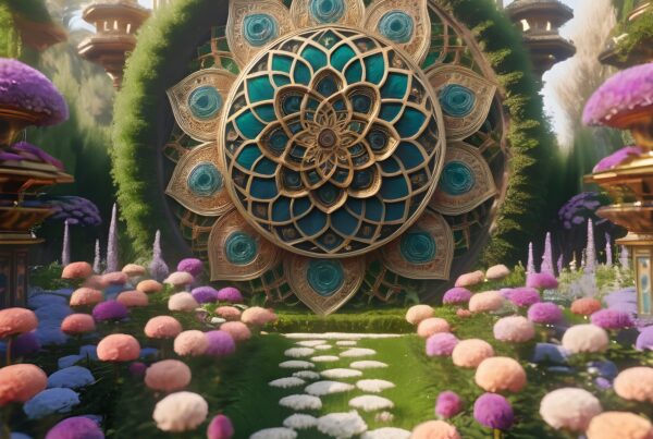 Intricate mandala amidst a vibrant garden landscape.