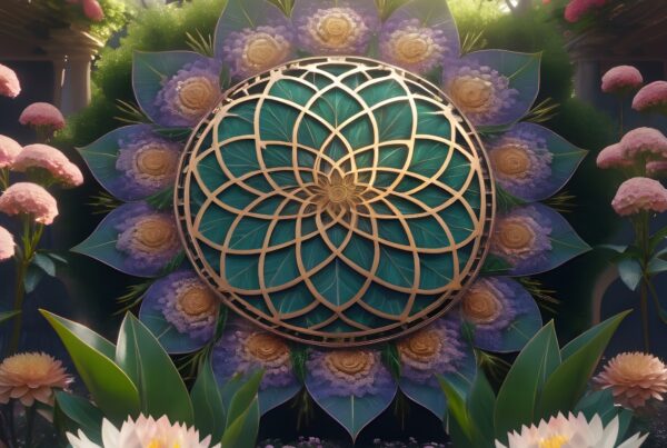This image shows a tranquil garden scene with a mandala, vibrant flowers, and lush foliage under dappled sunlight.