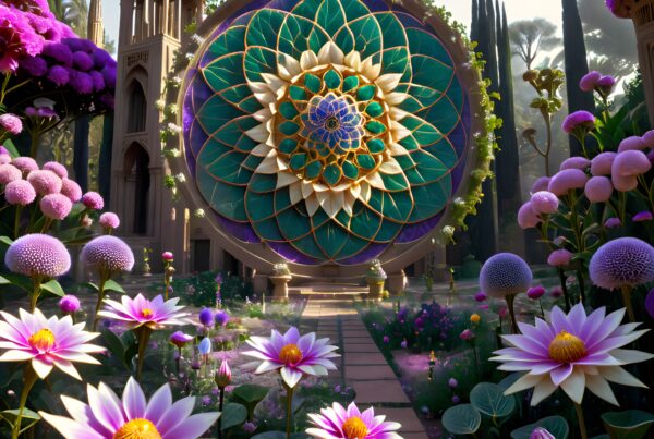 A vibrant garden with a large mandala structure surrounded by colorful flowers and ornate towers under soft sunlight.