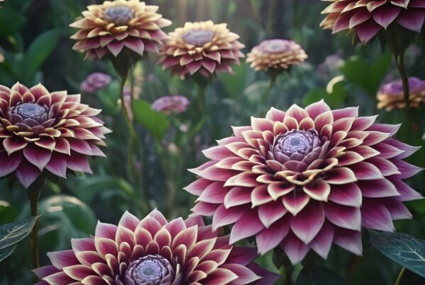 A vibrant garden with large, colorful dahlia-like flowers illuminated by sunlight.