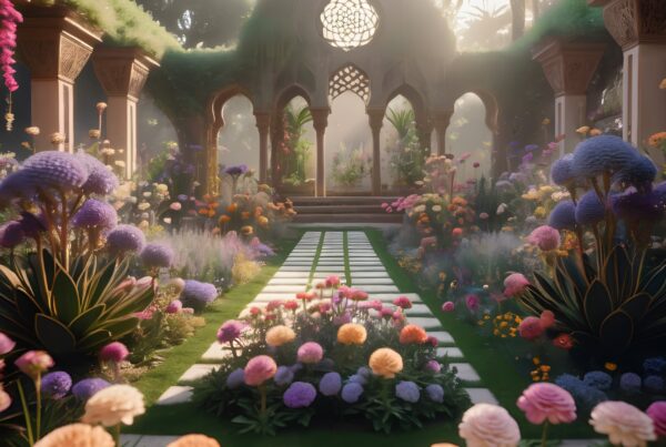 A serene garden with vibrant flowers, lush greenery, and a sunlit archway.