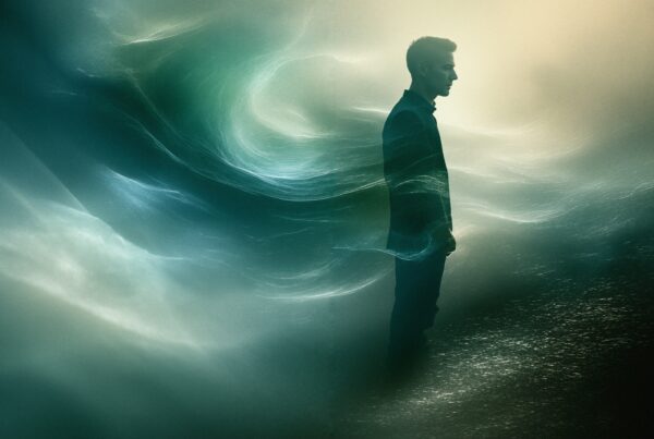 A silhouette of a man stands against swirling, ethereal waves in a dreamlike, abstract setting.