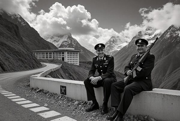 Two men in uniforms on mountain road.