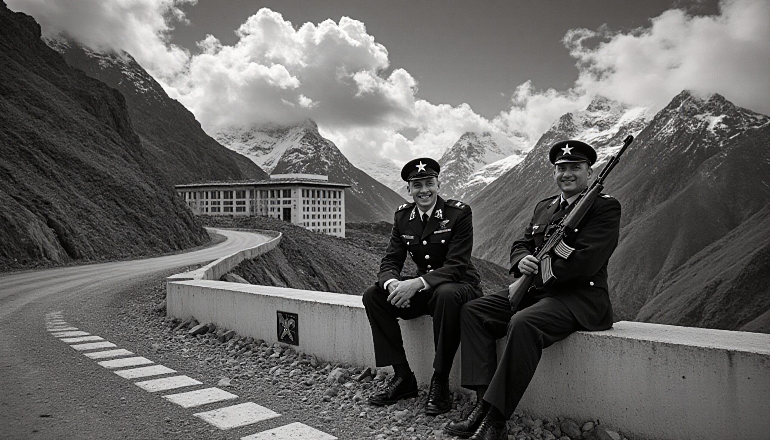Mountain road with uniformed men