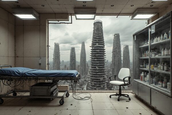 A futuristic hospital room overlooks a city of towering, cylindrical skyscrapers under an overcast sky, creating a dystopian atmosphere.