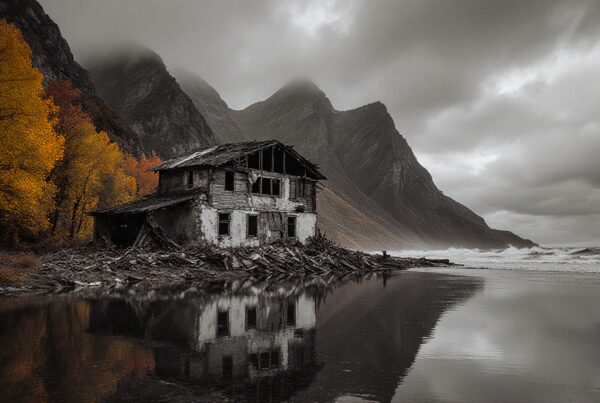 Abandoned house by mountains with autumn trees reflecting on water.