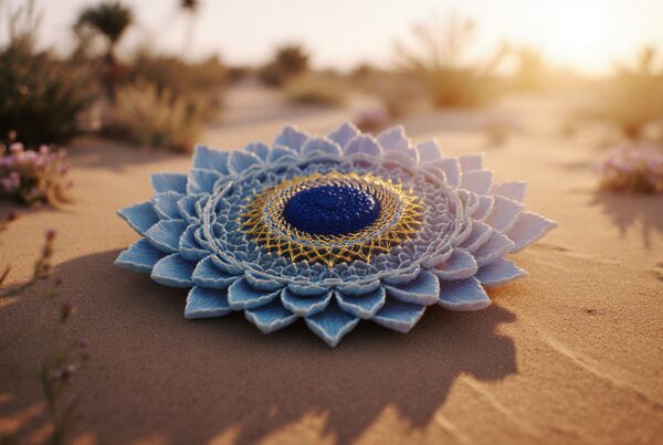 Geometric blue flower on sand at sunset.