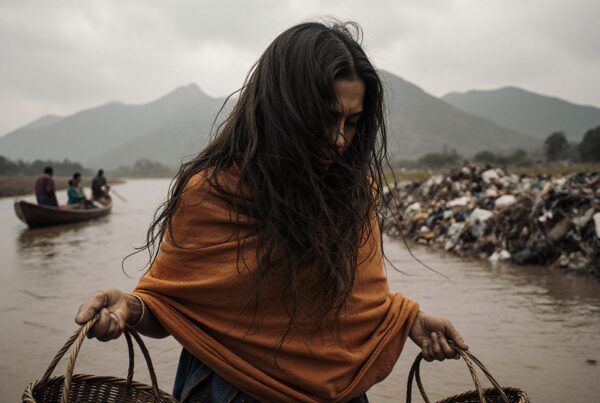 A woman stands in a polluted river, surrounded by garbage, holding baskets.