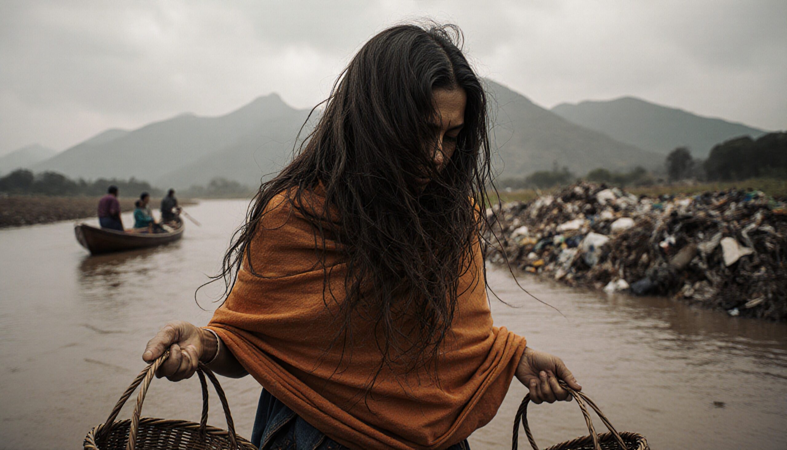 Woman Navigates Polluted River Scene