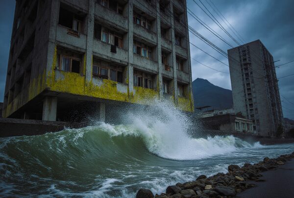 An urban wave crashes against a seawall near old buildings under a stormy sky.