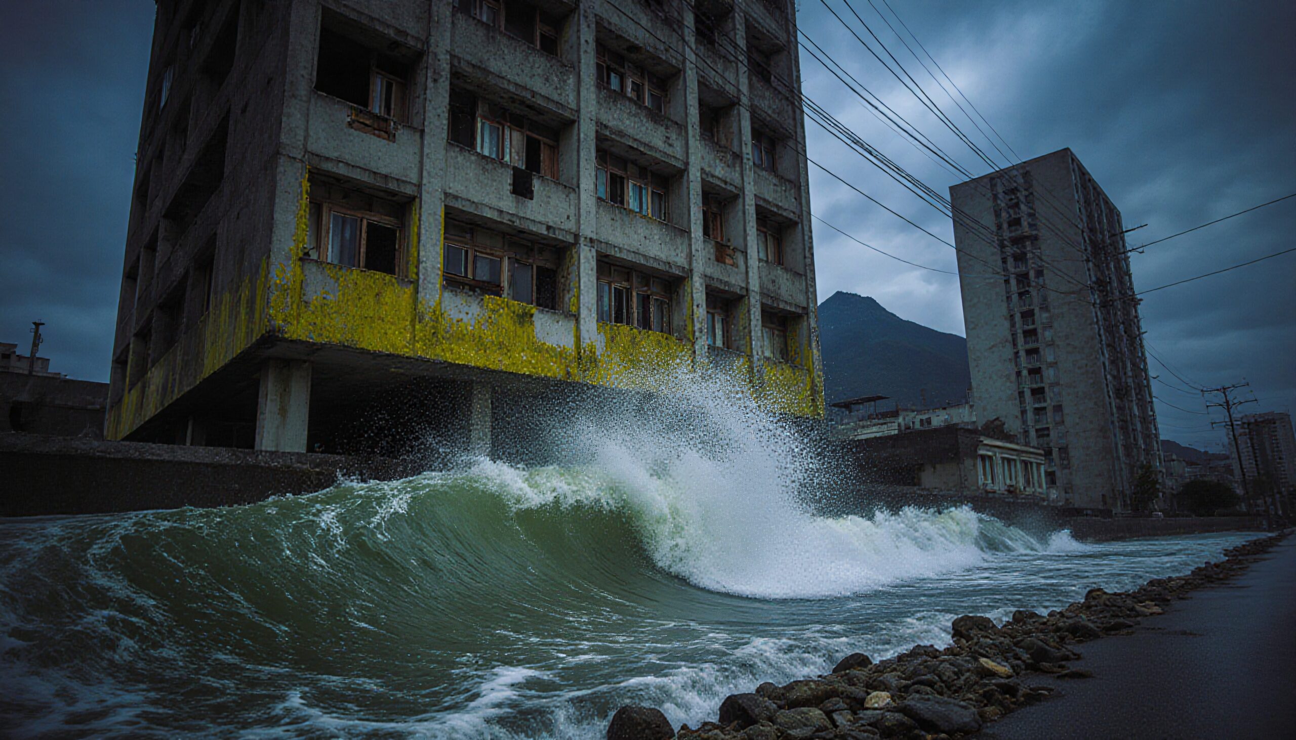 Urban Waves Crash Against Seawall
