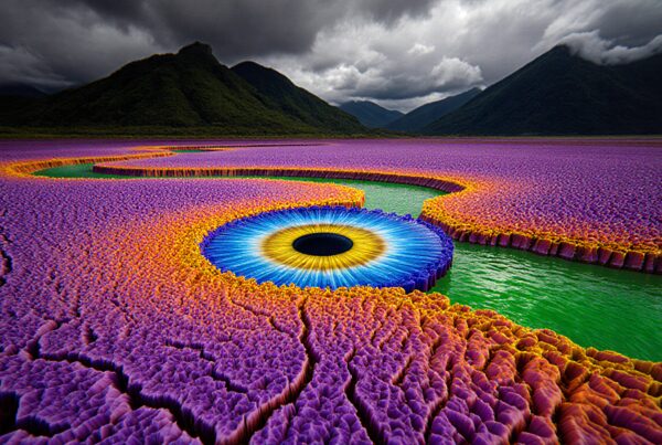 A surreal landscape with vibrant colors and an eye-like formation against dark mountains.