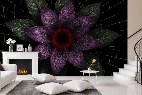Stylish modern living room with purple flower mural.