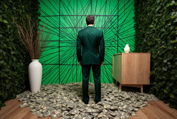 A man in a green suit stands amidst piles of cash, facing a geometric green wall in a room with ivy-covered walls and minimalist decor.